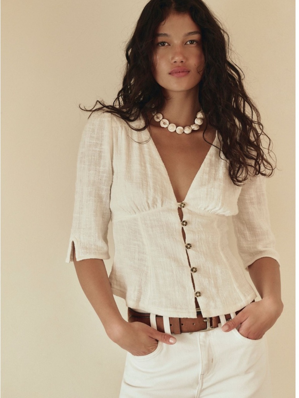 Free People Ivory Button-Front Textured V-Neck Blouse